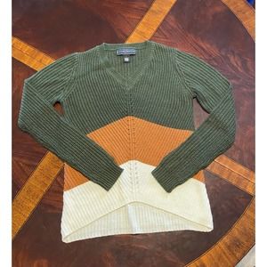 Polly and Esther V-neck color blocked knit sweater Green and Cream Large Y2K.